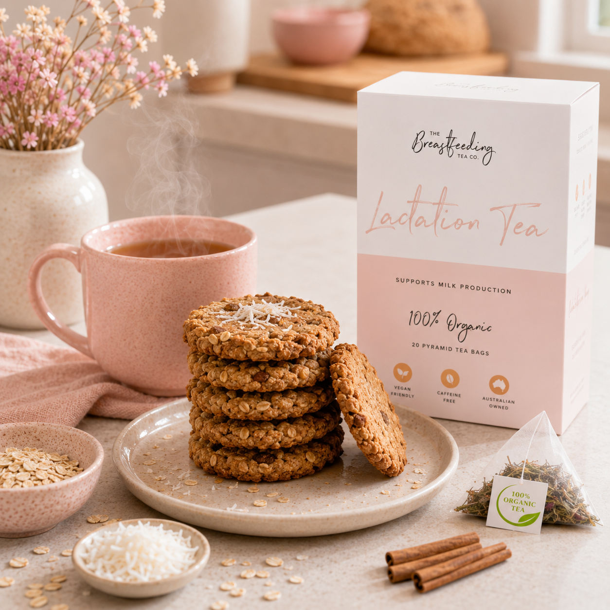 A stack of golden-brown vegan and gluten-free lactation cookies on a ceramic plate, styled with a soft pink mug of tea, raw oats, shredded coconut, and a box of The Breastfeeding Tea Co. Lactation Tea
