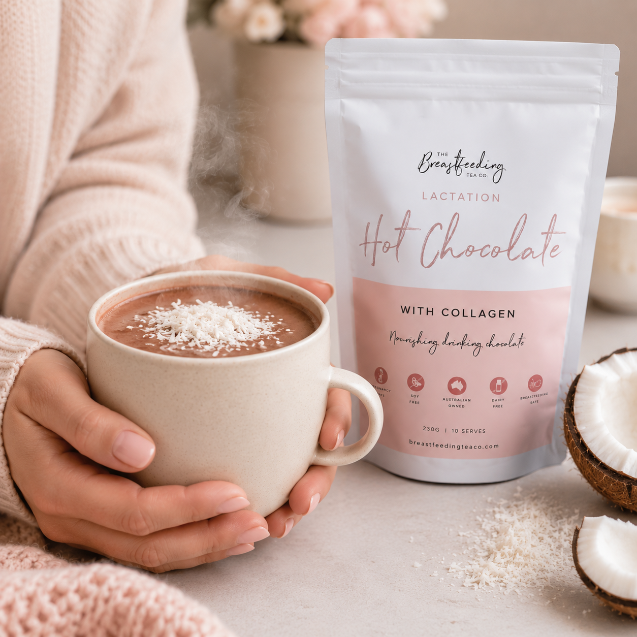 Lactation Hot Chocolate with Collagen by The Breastfeeding Tea Co. with coconut milk for postpartum support